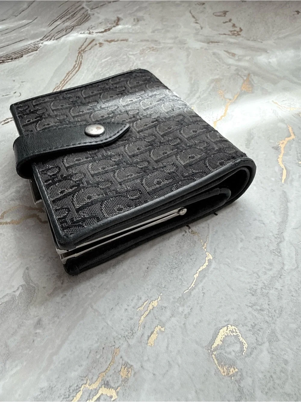 Vintage Christian Dior Oblique Black Monogram Trotter Bifold Kiss Lock Wallet